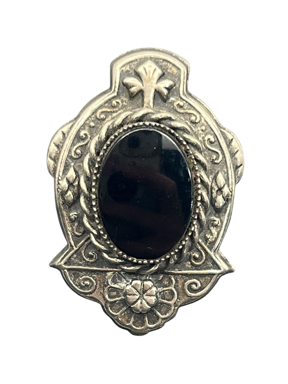 Silver tone ornate design black cabochon vintage brooch pin